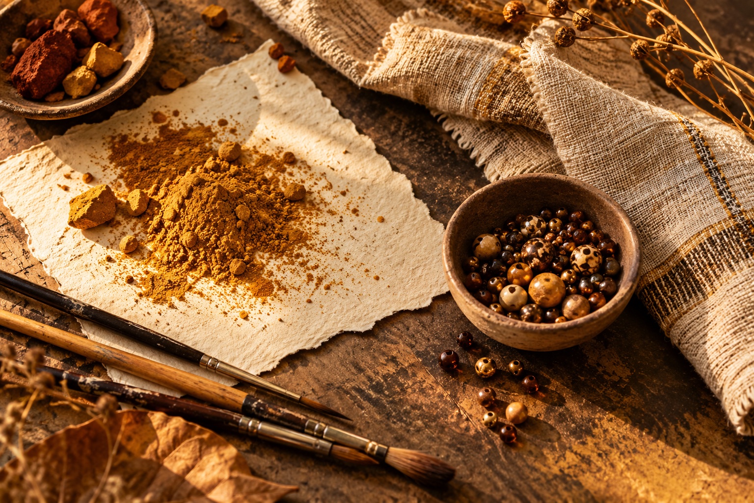 Illustrative still life of ochre pigment, beads, linen and paintbrushes